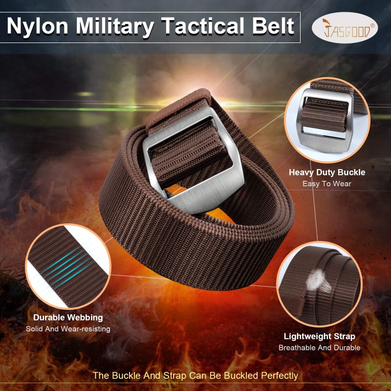 JASGOOD Tactical Heavy Duty Reinforced Nylon Belt for Men Adjustable Military Webbing Belt Strap with Metal Buckle (Pants Size Below 42 Inches, 3-Coffee) - Image 2